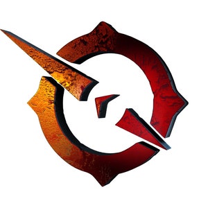 Könnte beinhalten: Ein stilisiertes Logo mit einem roten und orangefarbenen Kreisdesign mit schwarzem Umriss und einem gezackten, schwarzen Pfeil, der nach rechts zeigt.