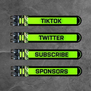 Könnte beinhalten: Vier schwarze und grüne Knöpfe mit abgerundeten Kanten und einem Wabenmuster. Die Knöpfe haben weißen Text, der "TIKTOK", "TWITTER", "ABONNIEREN", und "SPONSOREN" lautet.