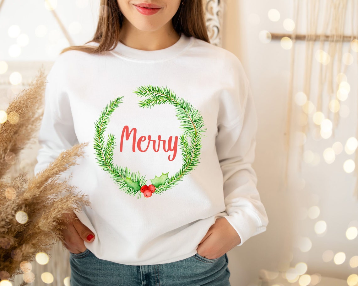 Merry Sweatshirt Merry Christmas sweater Christmas Wreath | Etsy