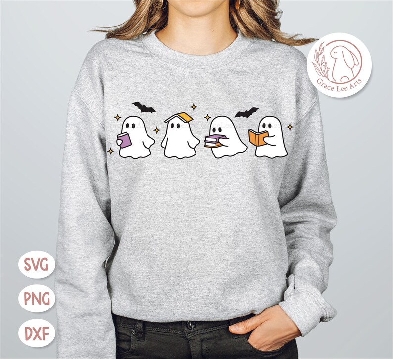 Fantasma leyendo (SVG), amante de los libros (SVG), bibliotecario (SVG), Halloween (SVG), fantasma (SVG), profesor (SVG), temporada espeluznante (SVG), diseño de sublimación imagen 2