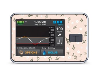 May include: A pink and white floral patterned skin for a medical device. The screen shows a blood glucose reading of 190 mg/dL and a graph of blood sugar levels over the past 3 hours. The device has buttons labeled "Options" and "Bolus".