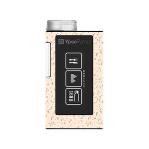 Könnte beinhalten: Eine beige und braune, gesprenkelte Insulinpumpe mit einem schwarzen Bildschirm, auf dem der Text "YpsoPump" und Symbole für Essen, ein Diagramm und eine Flasche angezeigt werden. Der Bildschirm zeigt auch "160U" an.