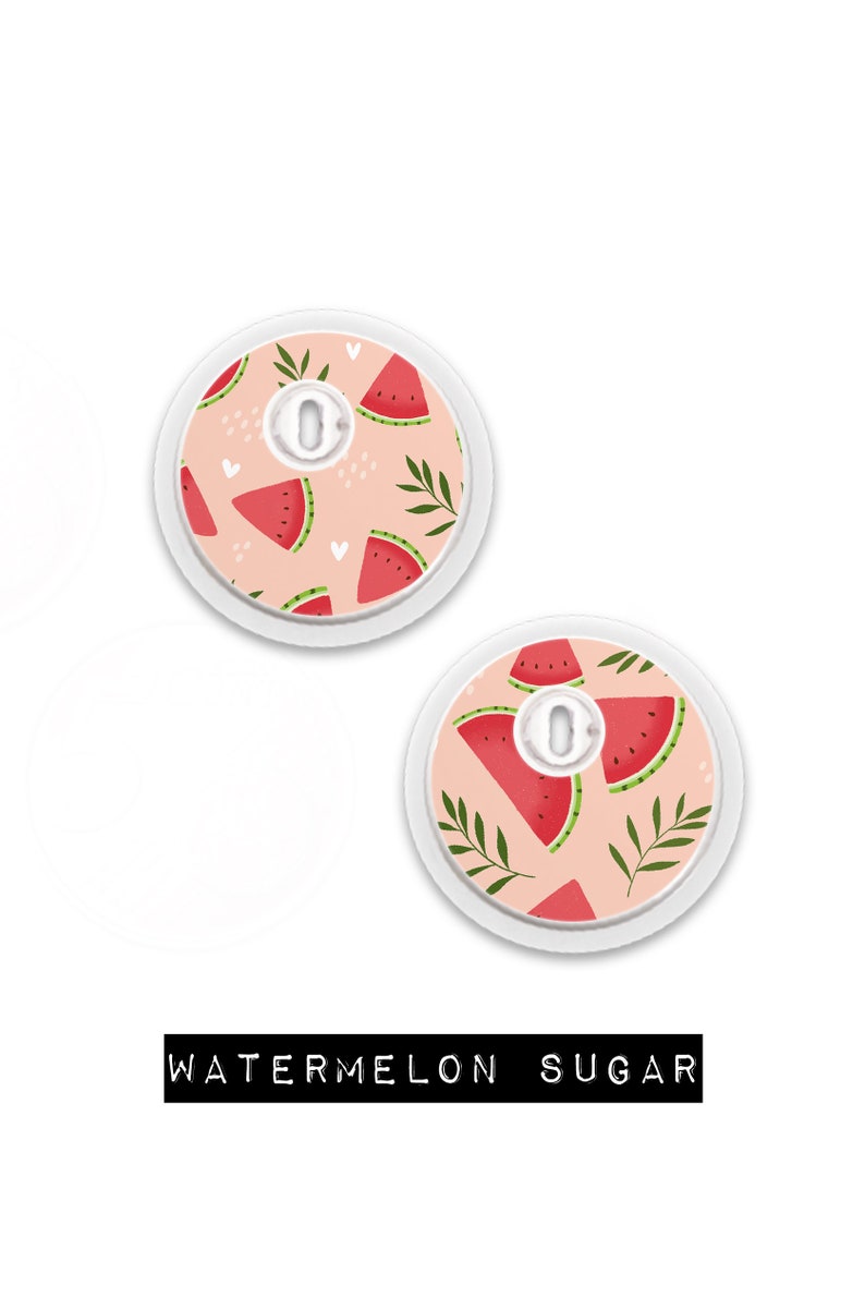 May include: Two white medical device covers with a watermelon pattern on a light pink background. The design includes red watermelon slices, green leaves, and white hearts. The text "WATERMELON SUGAR" is at the bottom.