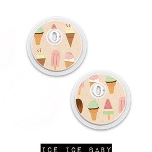 May include: Two white circular medical devices with ice cream cone and popsicle patterns. The text "ICE ICE BABY" is printed in a black rectangle below the devices. The ice cream cones are brown and green.