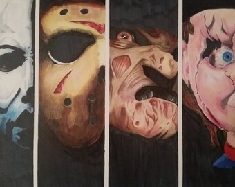 May include: A watercolor painting of four horror movie characters. The characters are Michael Myers, Jason Voorhees, Freddy Krueger, and Chucky. Each character is depicted in their iconic mask or appearance.
