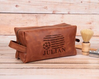 Soccer Toiletry Bag: Custom Leather Dopp Kit - Travel Organizer