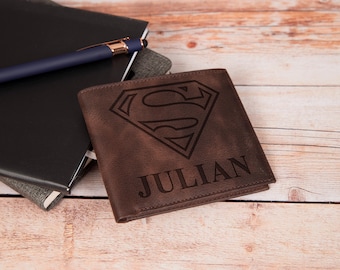 Custom Engraved Superman Leather Bifold Wallet, DC Comics Fan Gift