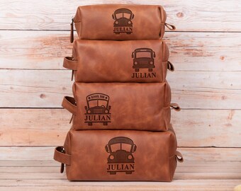 Bus Driver Leather Toiletry Bag, Personalized Name (Custom Engraved)