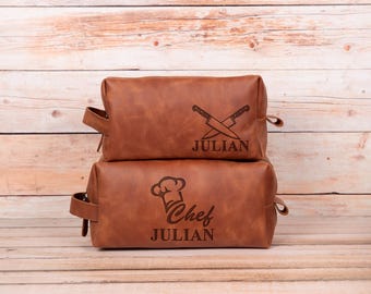 Personalized Leather Toiletry Bag: Chef Design Custom Dopp Kit