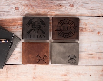 Personalized Leather Firefighter Wallet, Custom Engraved Bifold
