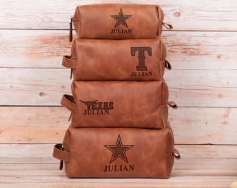 Personalized Texas Leather Dopp Kit - Travel Shaving Bag