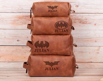Mens Dopp Fit Leather Travel Bag with Engraved BatHhero Design