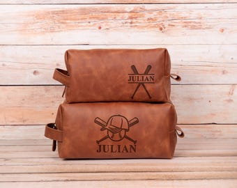 Team Logo Dopp Kit Leather Toiletry Bag with Custom Name Engraving