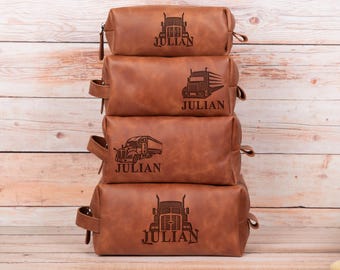 Truck Driver Dopp Kit: Personalized Leather Toiletry Bag - Custom Travel Organizer for Truckers, Long Haul Driver Gift, Mens Shaving Bag