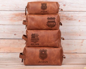 Police Officer Dopp Kit: Personalized Leather Toiletry Bag Custom Engraved
