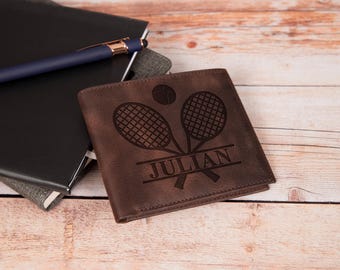Tennis Leather Wallet, Custom Engraved Bifold, Sports Gift