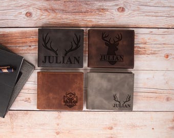Personalized Leather Wallet, Custom Engraved Bifold, Hunting Gift