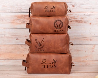 Personalized Air Force Staff Leather Dopp Kit: Engraved Aviation Travel Bag