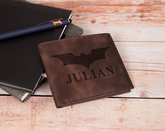 Bat Hero Leather Bifold Wallet, Personalized Superhero Gift