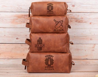 Bartender Gift Leather Toiletry Bag: Personalized Engraved Dopp Kit