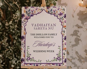 Purple Floral Indian Wedding Welcome Sign: Customizable Multi-Size Canva Template (Digital Download)