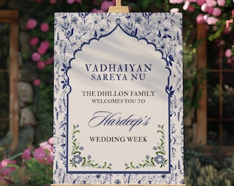 Blue Floral Indian Wedding Welcome Sign: For Mehndi, Sangeet - Multi-Size Customizable Template (Digital Download)