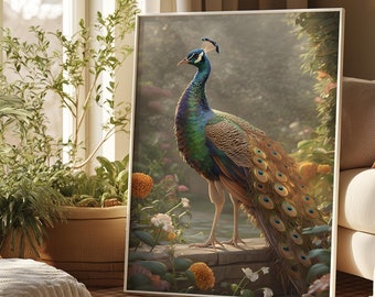 Majestic Peacock Displaying Colorful Feathers in Indian Garden | Indian Painting | Digital Download