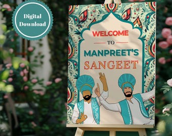 Indian Wedding Welcome Sign: Sangeet, Mehndi, Jaggo - Blue Bhangra Design, Multi-Size Canva Template (Digital)