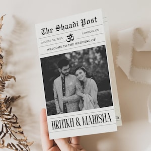 Puede incluir: Un anuncio de boda estilo periódico en blanco y negro con el texto "The Shaadi Post" y "Welcome to the Wedding of Hritikh & Manisha". El anuncio incluye una foto de la pareja en blanco y negro.