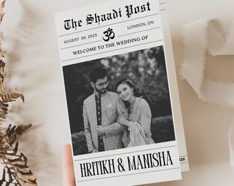 Newspaper Indian Wedding Program Template: Customizable Hindu Wedding Infographic, 8x11" Canva Printable (Digital)