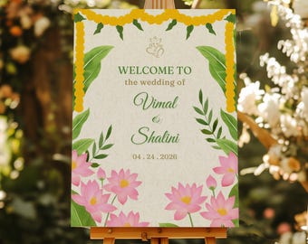 Floral South Indian Wedding Welcome Sign: Hindu, Tamil Telugu Decor, Multi-Size Template (Digital Download)