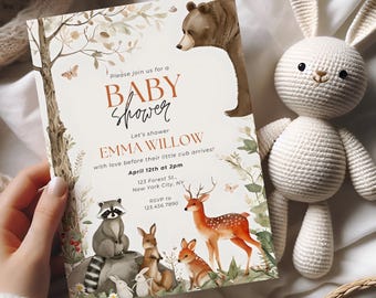 Editable Forest Animal Baby Shower Invitation, Gender Neutral 5x7" Canva Template (Digital Download)