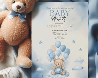 Teddy Bear Baby Shower Invitation | Boy Invite, Canva Template (Digital)
