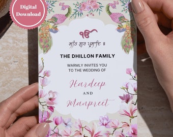 Customizable Sikh Wedding Invitation Bundle: Pink Floral Design (Digital Download)