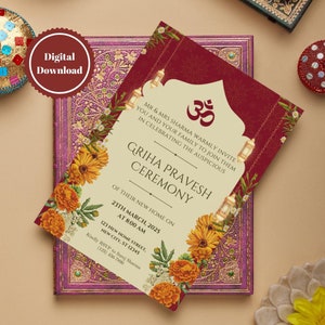 May include: A red and gold invitation card with floral accents and a symbol of Om. The text reads "Mr. & Mrs. Sharma warmly invite you and your family to join them in celebrating the auspicious Griha Pravesh Ceremony of their new home on 23th March, 2025 at 8:00 AM. 123 New Home Street, New City, ST 12345. Kindly RSVP to Surej Sharma (123) 456-7800."