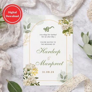 Elegante sikh-huwelijksuitnodigingsbundel | Digitale download | Aanpasbare groene Punjabi-huwelijksuitnodiging | Anand Karaj, Sangeet, Mehndi en meer