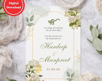 Peut inclure: Une invitation de mariage blanche avec des accents dorés et des motifs floraux. L'invitation comporte le texte "You're invited to the wedding of Hardeep & Manpreet 31.08.24".