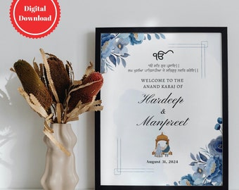 Blue Floral Sikh Wedding Welcome Sign: Customizable Anand Karaj (Digital Download)