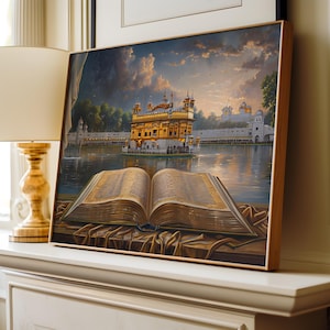 May include: A painting depicting the Golden Temple in Amritsar, India, featuring a golden dome and a reflecting pool in front. An open book with text is in the foreground.