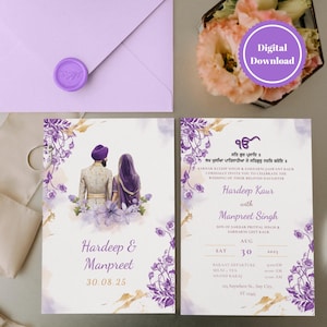 Elegant Purple Sikh Wedding Invitation Bundle | Digital Download | Personalized Punjabi Wedding Invite | Anand Karaj, Sangeet, Mehndi & More