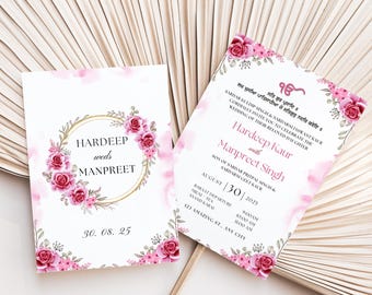 Bright Pink Floral Sikh Wedding Invitation Bundle (Digital Download)