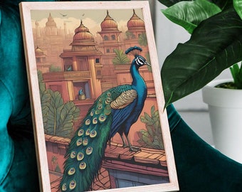 Colorful Indian Peacock Art | Instant Digital Download | Exotic Bird Decor | Bohemian Wall Print