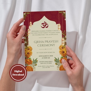 May include: A red and cream colored invitation card with a floral design and a gold Om symbol. The text on the card reads "Mr. & Mrs. Sharma warmly invite you and your family to join them in celebrating the auspicious Griha Pravesh Ceremony of their new home on 23th March, 2025 at 8:00 AM. 123 New Home Street, New City, ST 12345. Kindly RSVP to Surej Sharma (123) 456-7800."