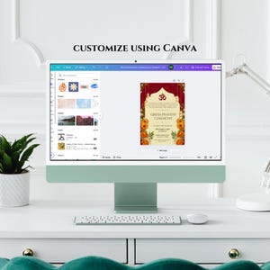 May include: A computer screen displaying a Canva design template for a wedding invitation. The template features a red and gold design with a floral border and the text "Gria Pravesh Ceremony".