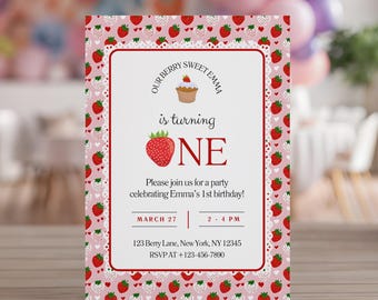 Berry First Birthday Invitation: Strawberry Party, Sweet One (Digital Download Canva Template 5x7" )