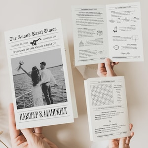 Może przedstawiać: Czarno-białe ogłoszenie ślubne w stylu gazety dla Hardeep & Manpreet. Ogłoszenie zawiera zdjęcie pary, datę ślubu i lokalizację. Gazeta zawiera również krzyżówkę i informacje o ceremonii ślubnej.