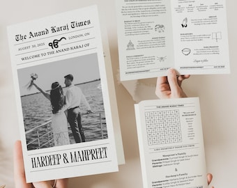 Newspaper Sikh Wedding Program Template: Punjabi Anand Karaj Ceremony, 8x11" Canva Printable (Digital)