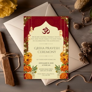 May include: A red and cream colored invitation card with floral accents and a gold border. The invitation is for a Griha Pravesh Ceremony, a Hindu housewarming ceremony, on March 23rd, 2025 at 8:00 AM. The invitation includes the address and RSVP information.