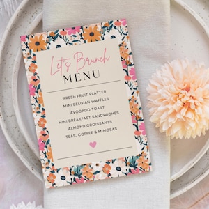 Menú elegante de brunch para el Día de la Madre / Plantilla de menú imprimible / Plantilla de Canva para el menú de brunch del Día de la Madre / Descarga digital