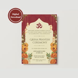 May include: A red and gold invitation card with floral accents and hanging lanterns. The text reads "Mr. & Mrs. Sharma warmly invite you and your family to join them in celebrating the auspicious Griha Pravesh Ceremony of their new home on 23th March, 2025 at 8:00 AM. 123 New Home Street, New City, ST 12345. Kindly RSVP to Surej Sharma (123) 456-7890."